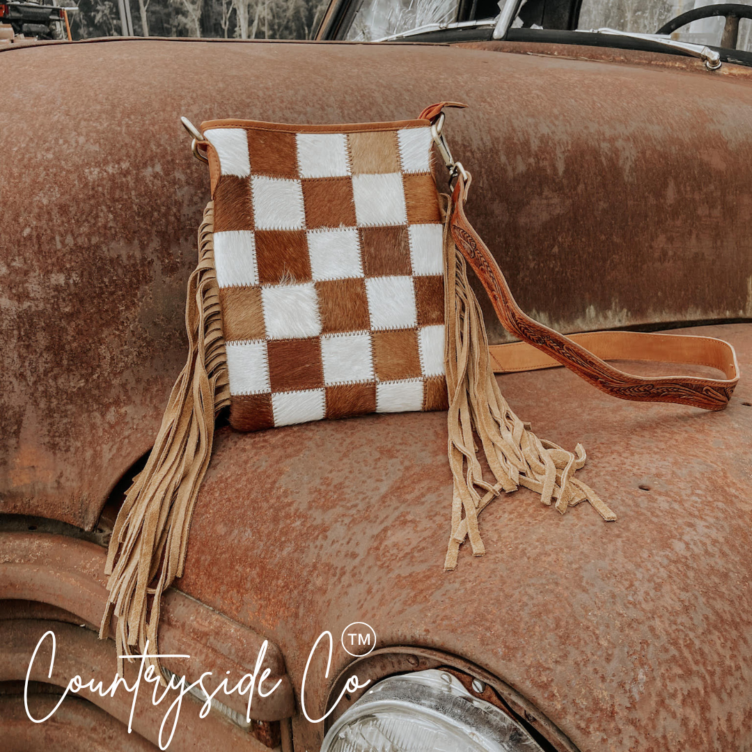 Texas Western Cowhide Bags and More - Wholesale Crossbodytas - Dames - Stockdale Geruite Koeienhuid Franje Tas, Bruin & Wit6
