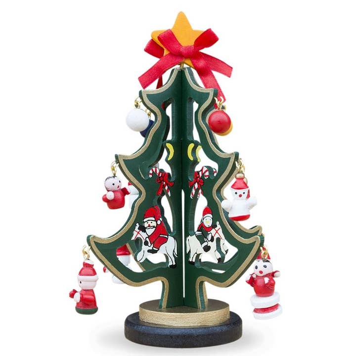 BestPysanky - Wholesale Christmas Decoration - Delightful Wooden Tabletop Christmas Tree with Santa and Miniature Ornaments 6.5 Inches Tall