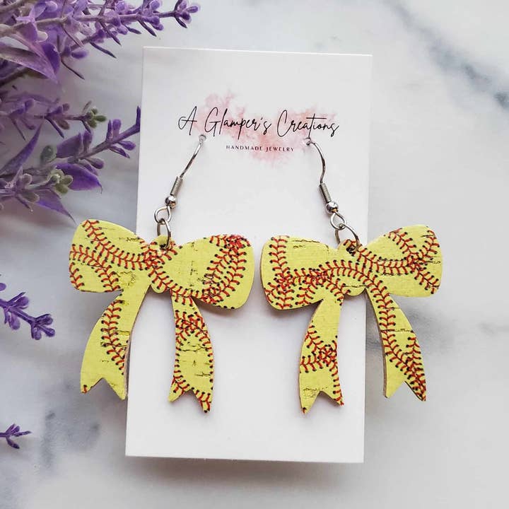 Softball Bow Leather Earrings for wholesale by A Glamper's Creations LLC