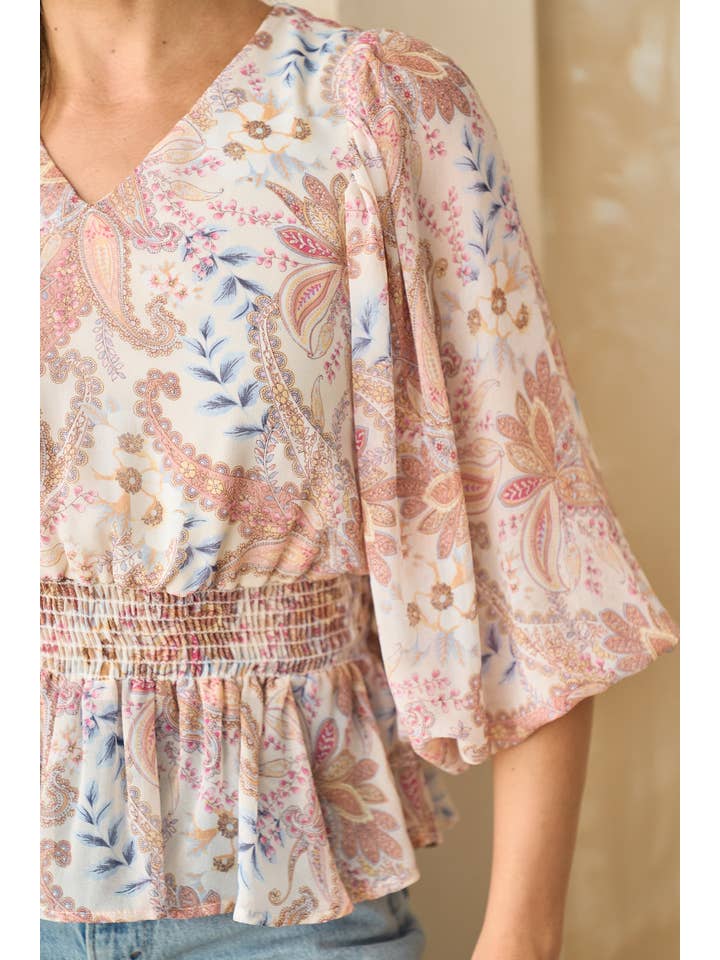 Ivory Plus dramatic bubble three quarter sleeve peplum top-PIT6615 for wholesale on Faire
