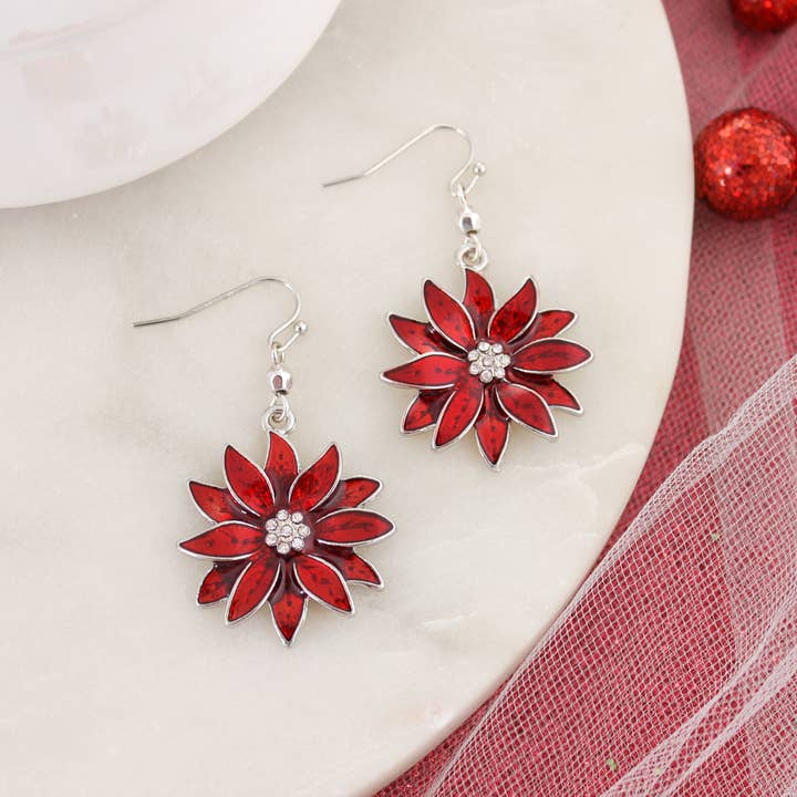 Enamel Christmas Poinsettia Earrings for wholesale by Seasons Jewelry