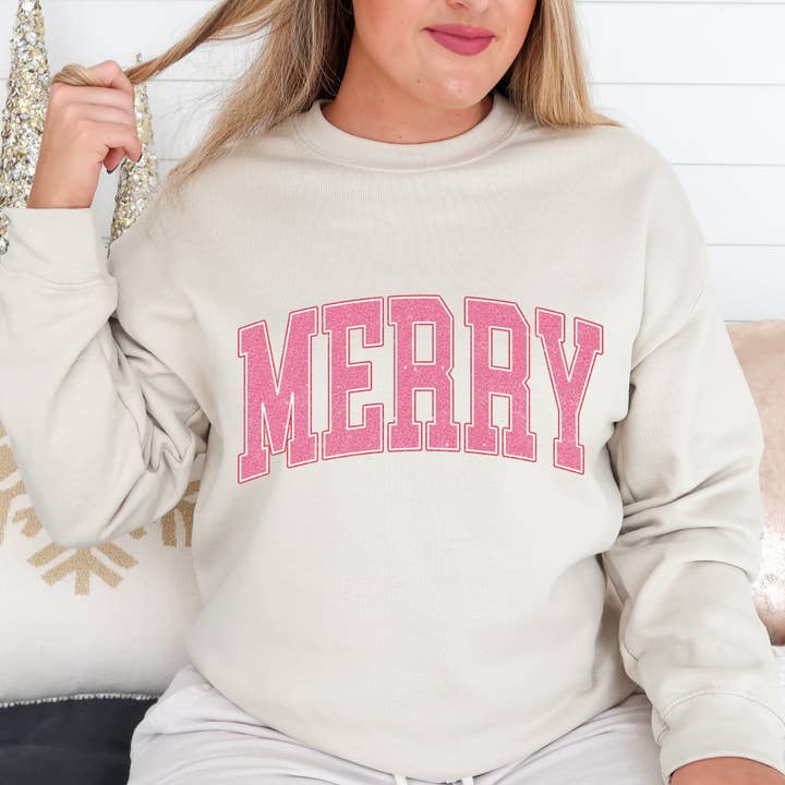 Trendznmore - Modern Graphic Apparel - Wholesale Graphic Sweatshirt - Women's - Pink Merry Varsity Christmas Sweatshirt2