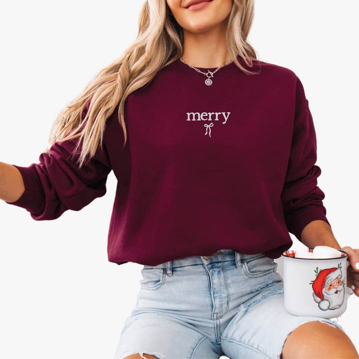 P E T I T R U E - Wholesale Graphic Sweatshirt - Women's - Embroidered Christmas Sweatshirt Holiday Crewneck Merry Bow