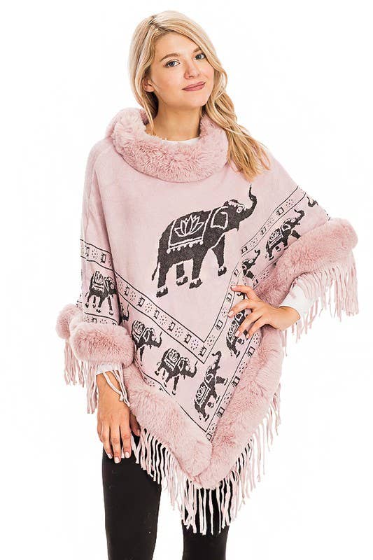 Cap Zone - Wholesale Poncho - Women's - Lucky Elephant Printed Fur Neckline Soft Cozy Poncho13