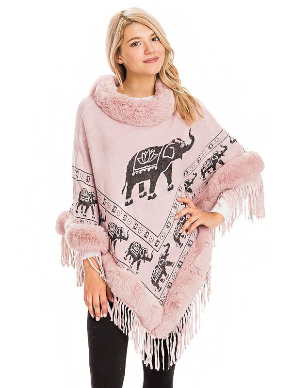 Cap Zone - Wholesale Poncho - Women's - Lucky Elephant Printed Fur Neckline Soft Cozy Poncho13