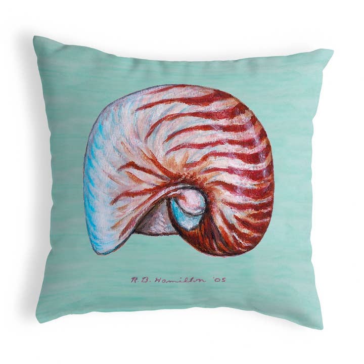 Nautilus Shell Teal Pillow for wholesale by Betsy Drake Interiors