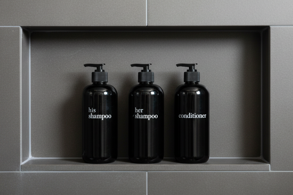 Joie Designs Co. | Refillable Bottles - Wholesale Soap Dispenser - Black Shampoo Dispenser Sets | Black Bottles | Bamboo or Black Plastic Pumps5