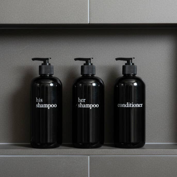 Joie Designs Co. | Refillable Bottles - Wholesale Soap Dispenser - Black Shampoo Dispenser Sets | Black Bottles | Bamboo or Black Plastic Pumps5