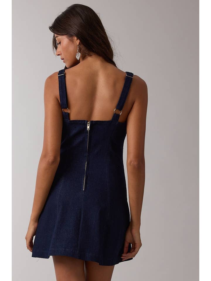 INDIGO DENIM V-NECK FRONT TIE PLAIN MINI DRESS for wholesale on Faire2