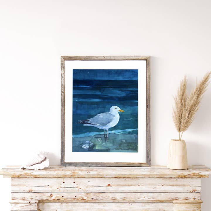 Herring Gull Night Beach Watercolor Print for wholesale by Studio Tuesday