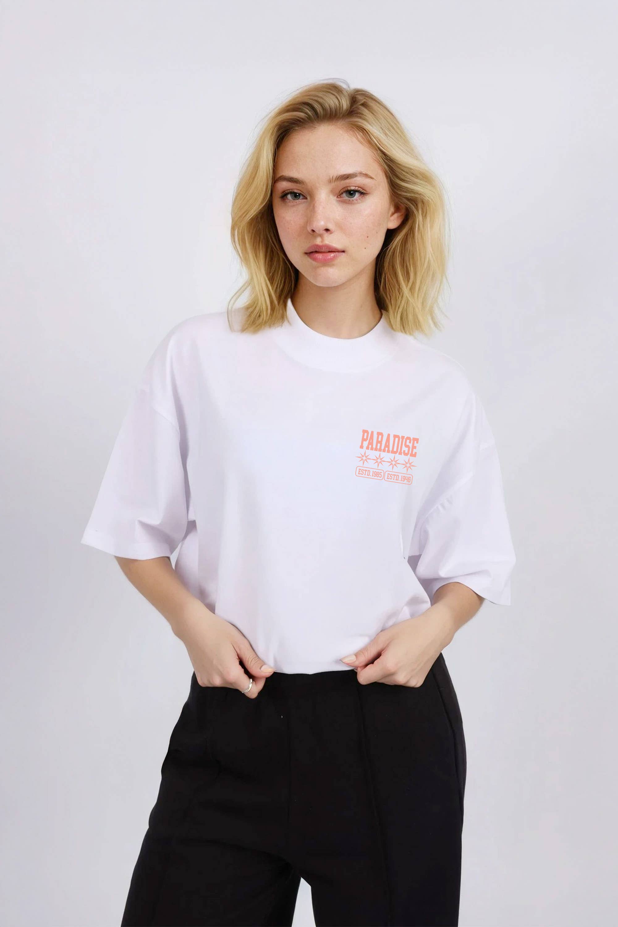 White Women 150GSM Oversized T-Shirt In Paradise Apple Print for wholesale on Faire2