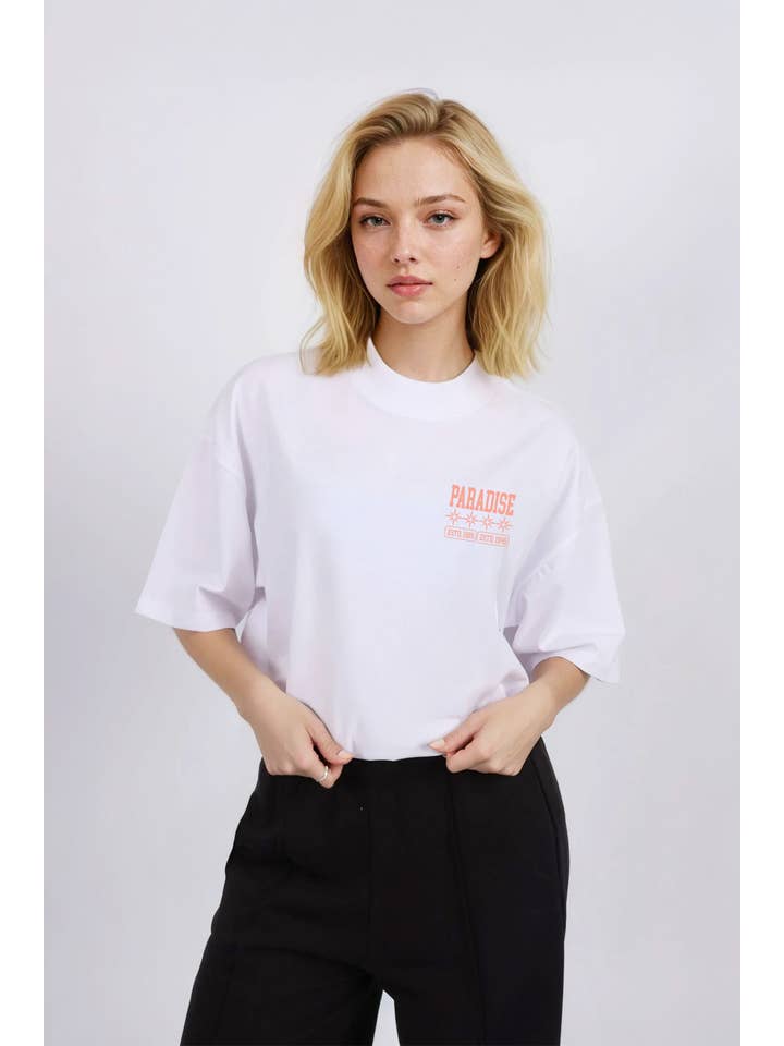 White Women 150GSM Oversized T-Shirt In Paradise Apple Print for wholesale on Faire2