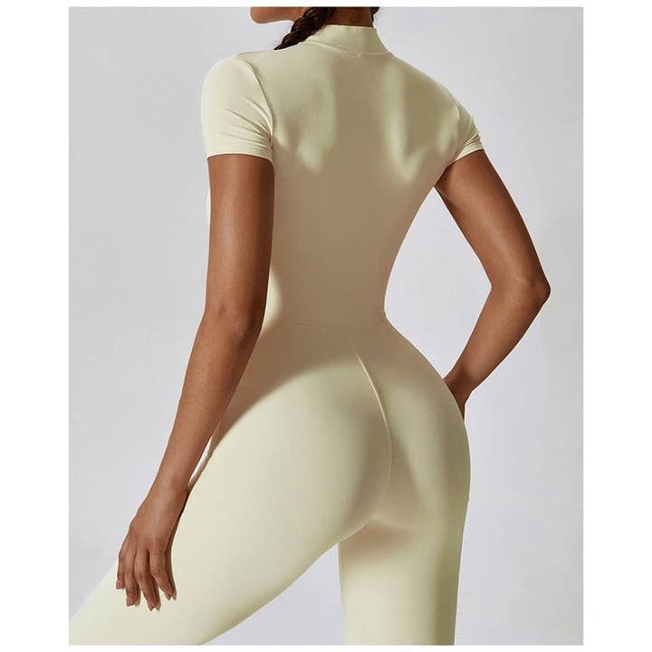 FurDecoration - Wholesale Unitard – Women′s - Solid Color Short Sleeve Zipper Skinny Yoga Fitness Jumpsuit9