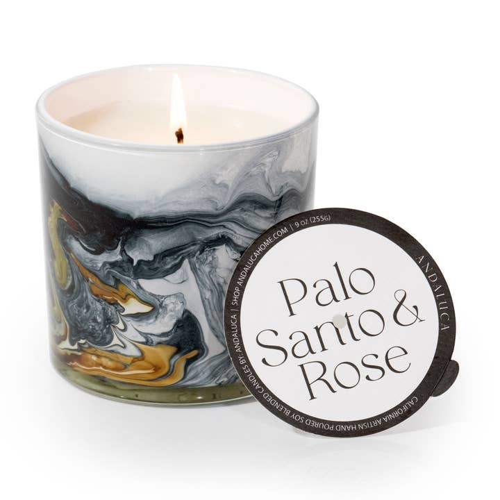 Palo Santo & Rose 14 oz. Swirl Glass Candle for wholesale by Andaluca