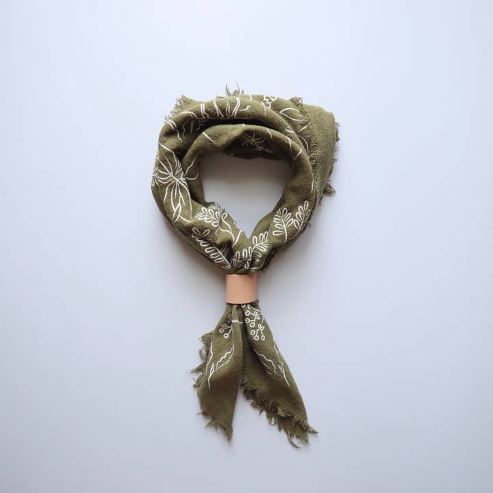 Eco Raw Studio - Wholesale Bandana - Women's - Olive Green Botanical Naturally Dyed Bandana (White ink)