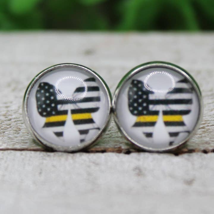911 Dispatcher Yellow Line Flag Bow Glass Stud Earrings for wholesale by Hylidae Boutique