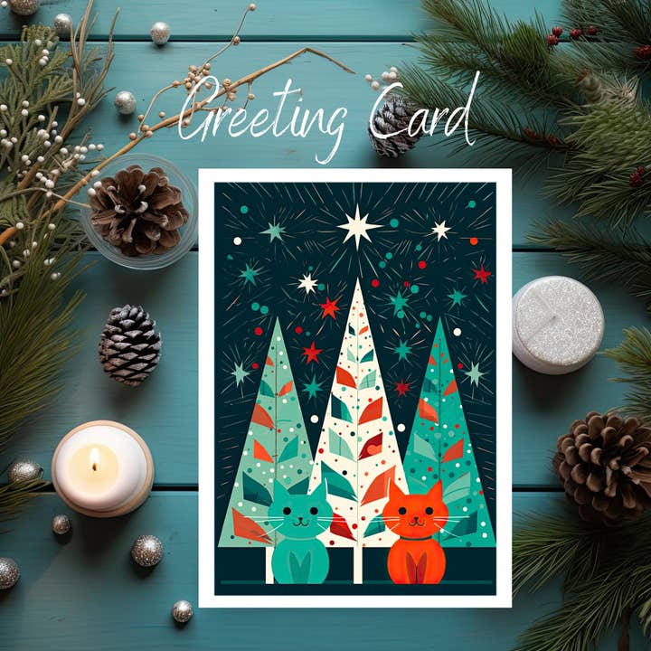 Colorful Cats by Christmas Trees Greeting Card for wholesale by Zalyia Designs