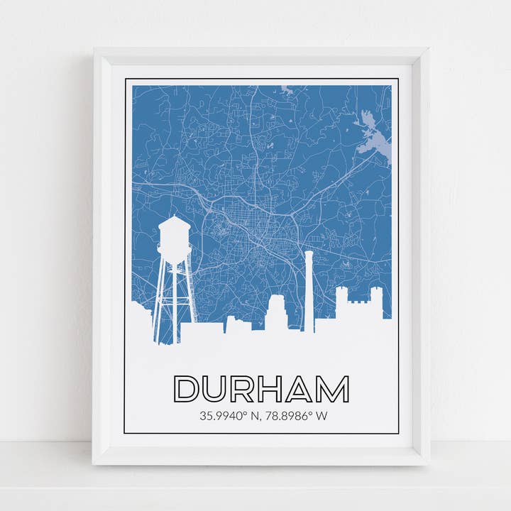 Durham North Carolina print with map, skyline, coordinates for wholesale by Paperfinch Design