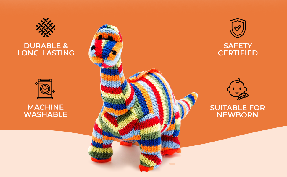 Best Years Ltd – wholesale Handheld rattle – Baby – Knitted Diplodocus Dinosaur Baby Rattle in Rainbow Stripes9