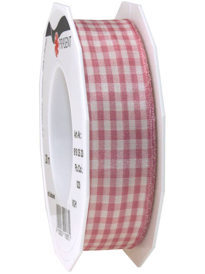 Geruit Vichy lint op rol van 20 m, 25 mm breed met draad in wildroos/cremekleur voor wholesale door C.E. PATTBERG GmbH & Co. KG