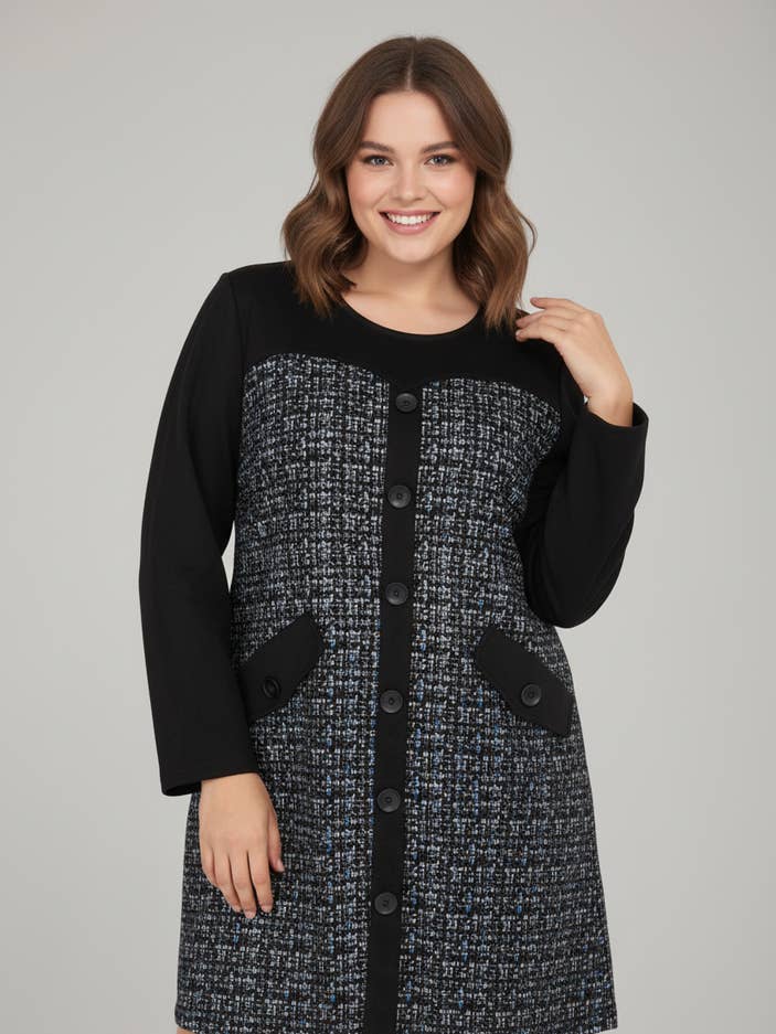 Plus size black printed suede dress (C6159) for wholesale by Pomme Rouge Paris