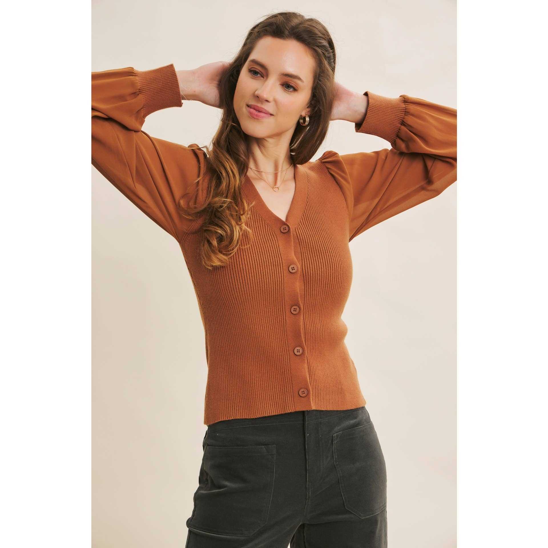 in february - Wholesale Cardigan - Women's - FITTED RIB SWEATER CARDIGAN WITH SHEER CHIFFON SLEEVES3