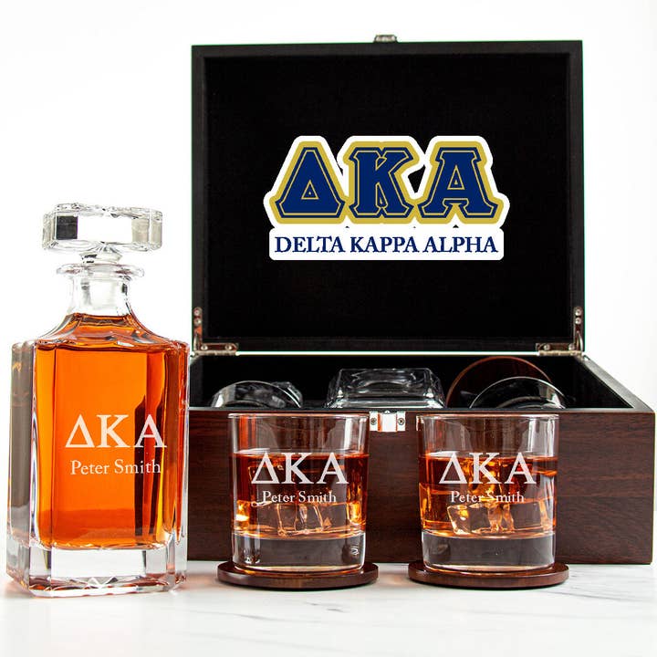 Delta Kappa Alpha Decanter Set With Dark Brown Wood Gift Box for wholesale by MB Brands Inc