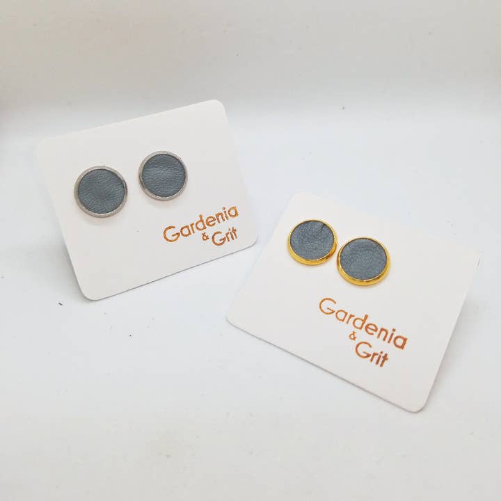 Earrings - Leather Stud - Stainless Steel - Gold Tone - Reclaimed Leather Studs for wholesale by Gardenia & Grit