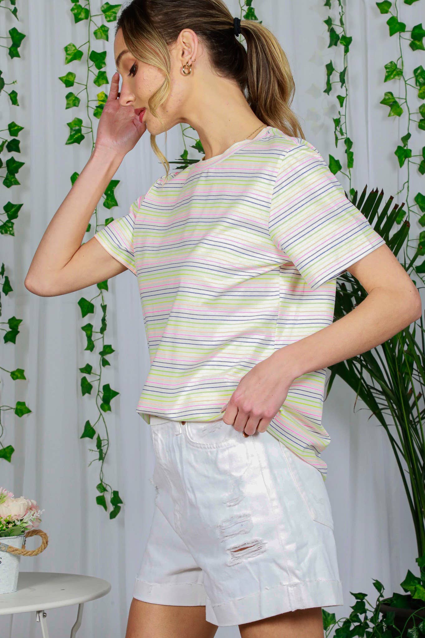 Vine & Love - Wholesale T-Shirt - Women's - Crew Neck Short-Sleeve Multi Striped Cotton Top VT81439A15