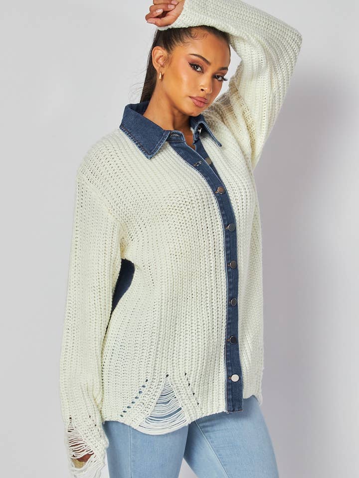 Cream Africa Denim Contrast Knit Sweater Shacket (HT8607) for wholesale on Faire2
