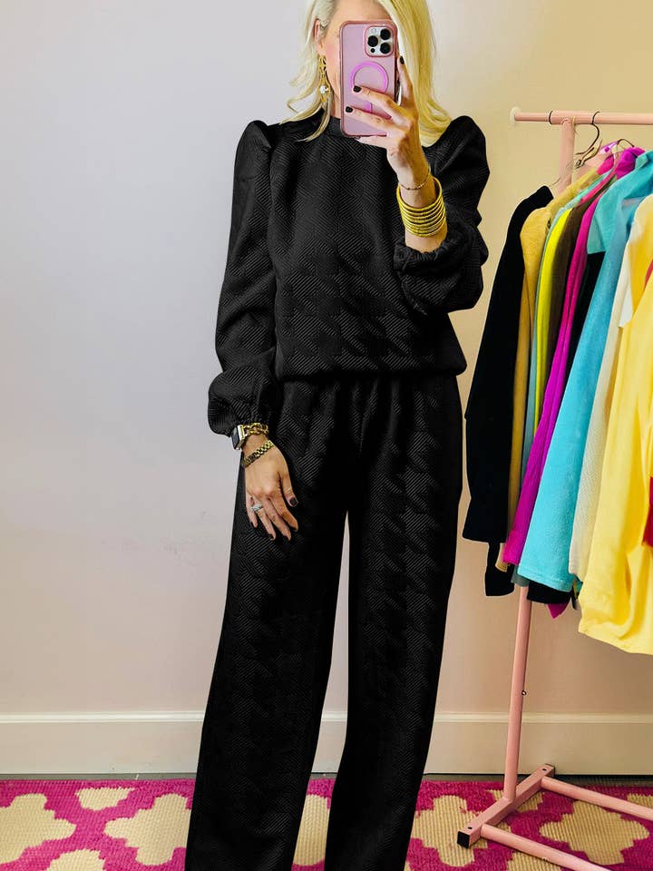 Lovesoft - Wholesale Top & Pant Set (NOT Loungewear) - Women's - Solid Color Textured Puff Sleeve Top and Pants Set