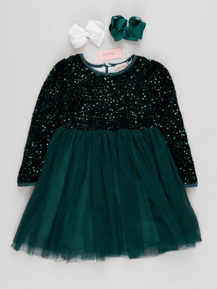 Marie Nicole Clothing - Wholesale Dress - Kids - Emerald Sparkle Party Long Sleeve Tulle Dress2