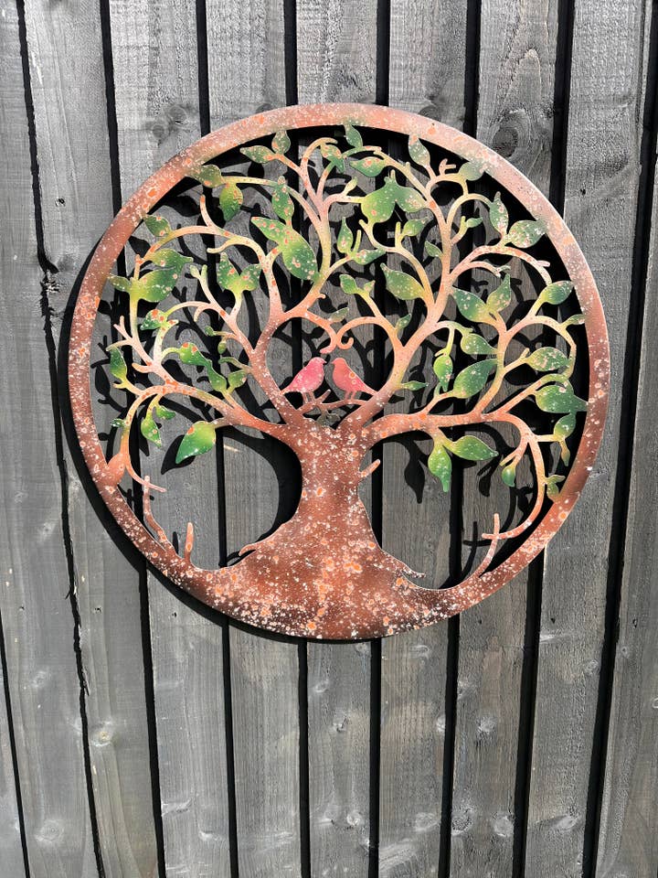 Rusty tree of life with heart and lovebirds wall art peeling effect 60cm wall art suitable for indoors/outdoors anniversary/birthday gift for wholesale by Marissa's Gifts