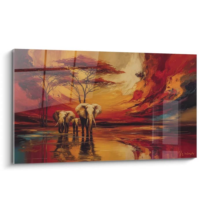 Walking Elephants Painting of the Orange Dawn - African Landscape Edition for wholesale by Walensky