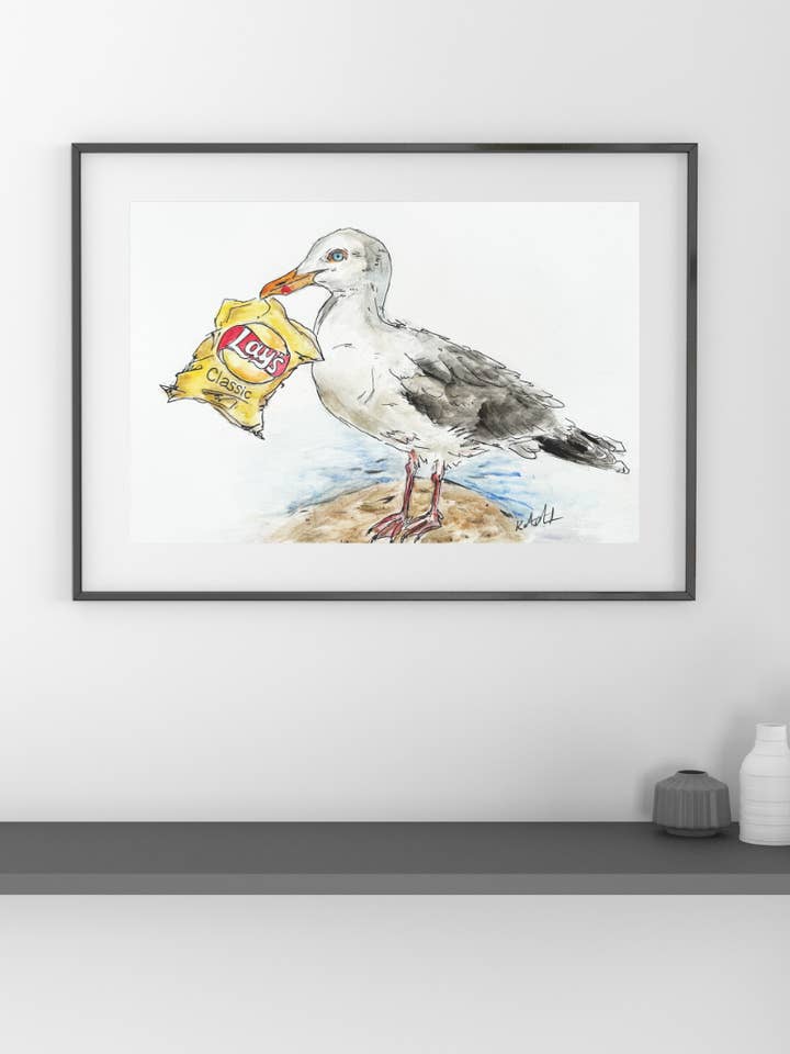 Seagull with Bag of Chips Print – Whimsical Coastal Wall Art for wholesale by KEC Paints