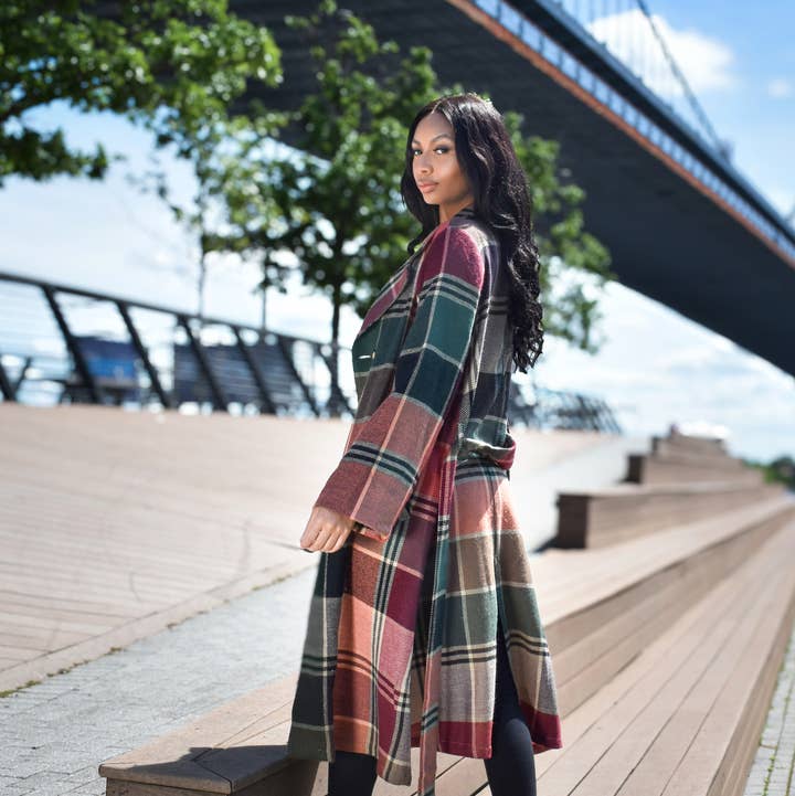 Dupatta Designs - Wholesale Trench Coat - Women's - Emmett Mid-Calf Plaid Jacket Trench Coat