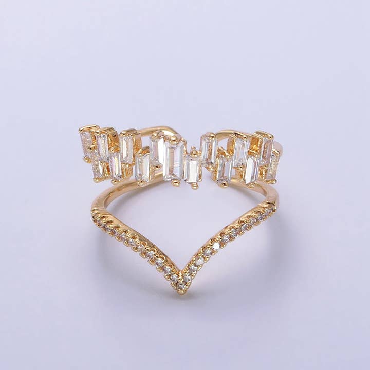 Aim Eternal - Wholesale Multi-Stone Ring - Gold Plated Curve Baguette CZ Diamond Chevron Ring