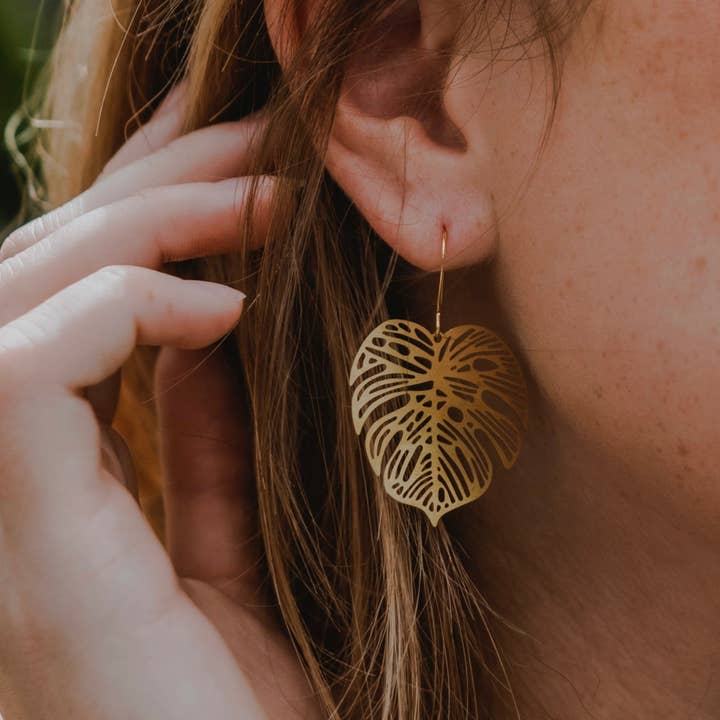 Medium Gold Lace Monstera Dangle Earrings for wholesale by Plant Lover