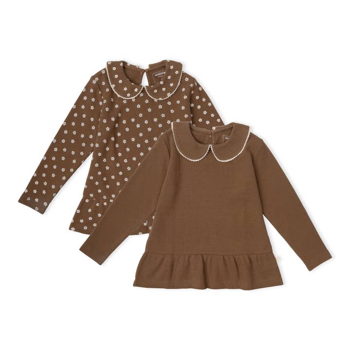 Set di 2 top peplum con colletto in cotone biologico - Chestnut Bloom + Marrone per la vendita all'ingrosso da parte di Makemake Organics