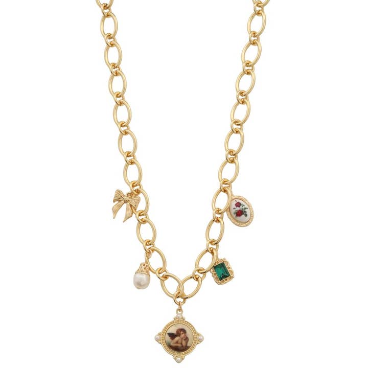 JOIA ACCESSORIES - Wholesale Pendant/Charm Necklace - ANGEL CHARM CRYSTAL PEARL BEAD OVAL LINK NECKLACE, PNB 429