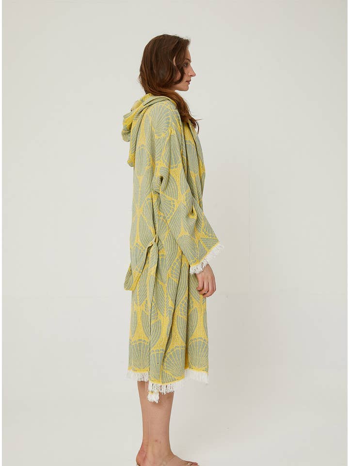 Buld&Co. – wholesale Morgonrock - Dam – Turkisk handduk jacquard badrock med huva, dubbelvikt strandkimono i 100 % bomull, gul-grön4