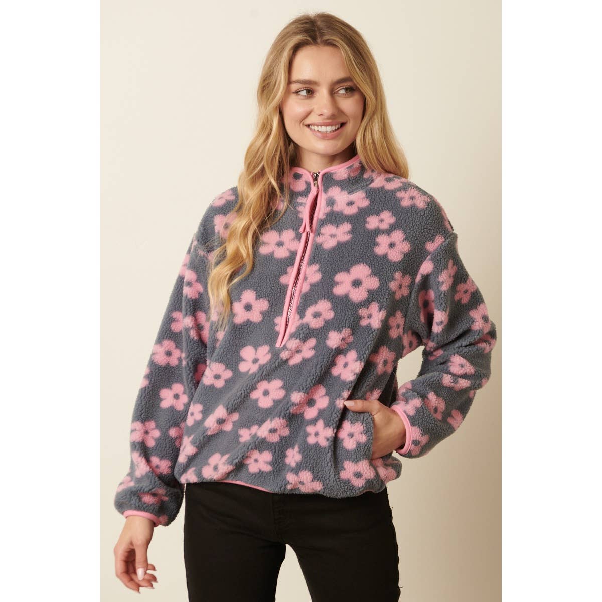 mittoshop - Vente Sweat-shirt – femme - PULL ZIPPÉ EN FOURRURE À MOTIF FLORAL0