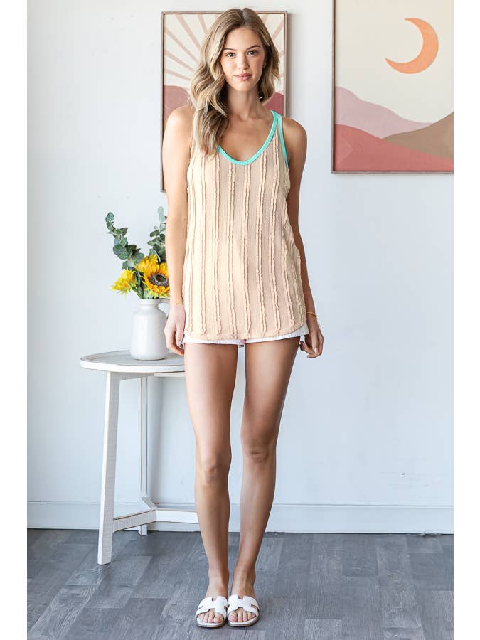 7th Ray - Venta al por mayor Túnica - Mujer - Top de Tirantes con Textura Arrugada y Contraste de Color Cuello Redondo T59388