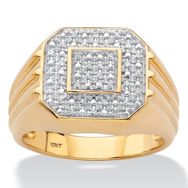Men's Diamond Ribbed Octagon Ring in 10k Yellow Gold for wholesale by PalmBeach Jewelry