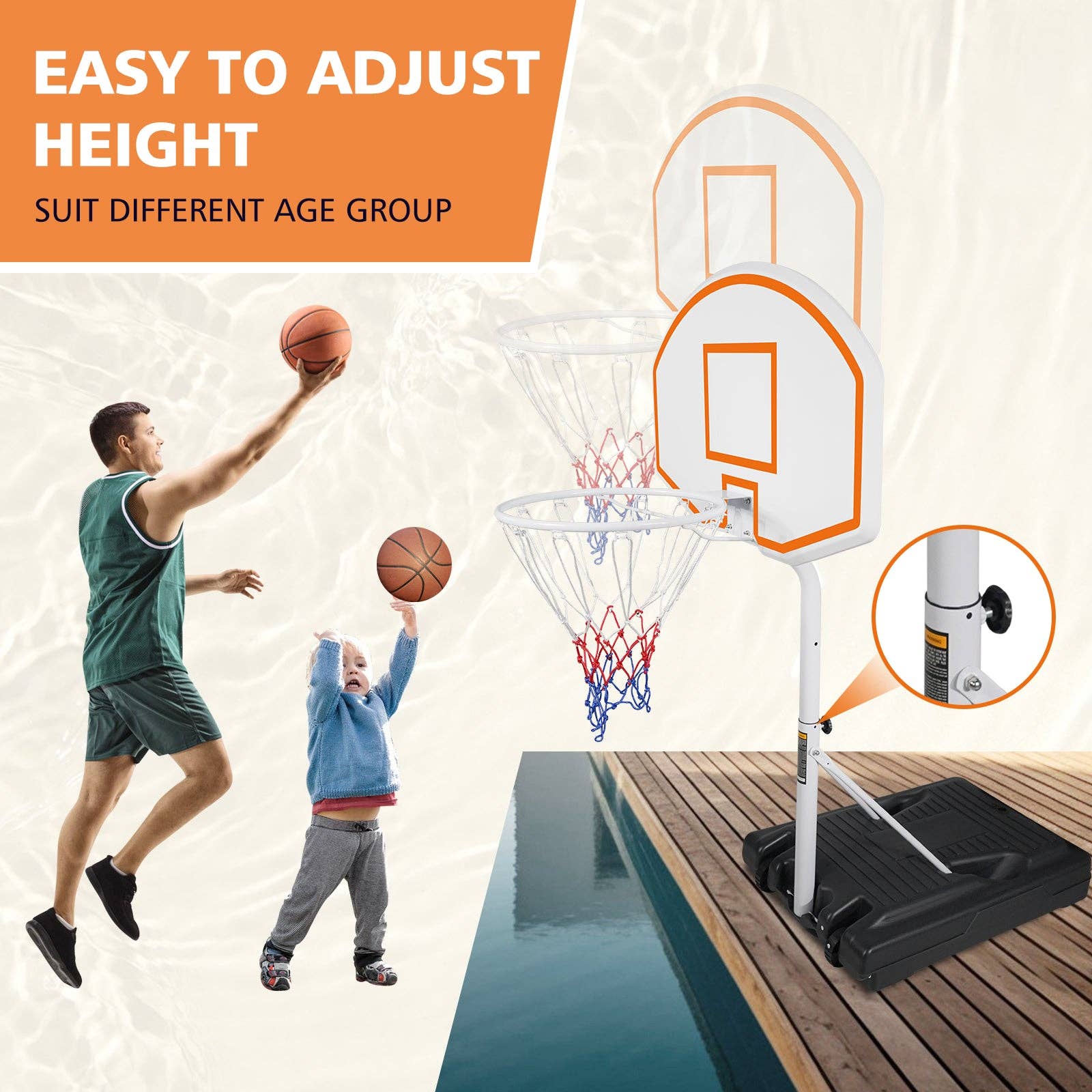 39F Inc. - Wholesale Sporting Accessories - Orange Portable Poolside Hoop - Adjustable 3.1ft-4.7ft5