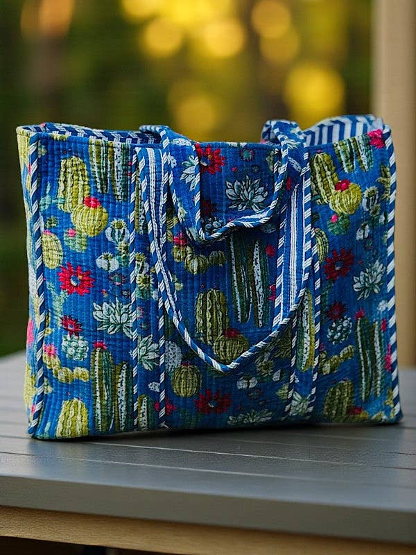 Boone Blue Velvet Cactus Print Tote Bag for wholesale by Nash Grey