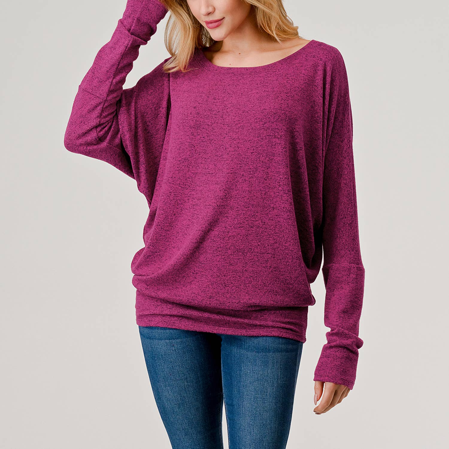 Heimious - Vente Haut en maille – femme - Haut en tricot Hacci à manches longues et col rond à manches Dolman, 270121