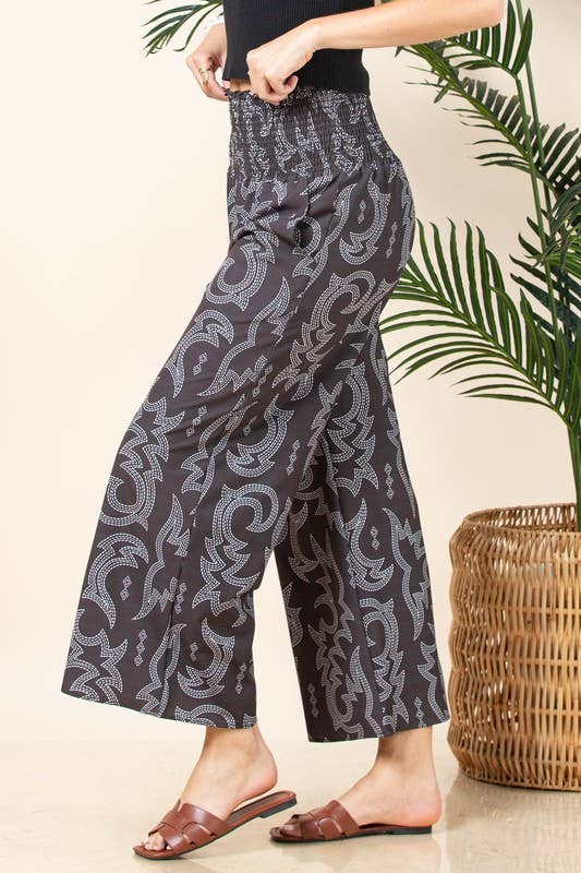 Marron AV1243-PANTALON SMOCK ÉLASTIQUE IMPRIMÉ COUTURE WESTERN ZARA en vente sur Faire8