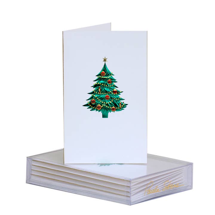 Træ med ornamenter på hvid jul Mini Note Card for engroshandel hos PAULA SKENE DESIGNS