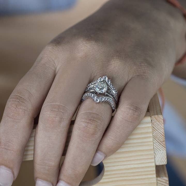 TwoBirch - Wholesale Wedding Band/Ring - Sterling Silver Chevron Ring Guard with Cubic Zirconia